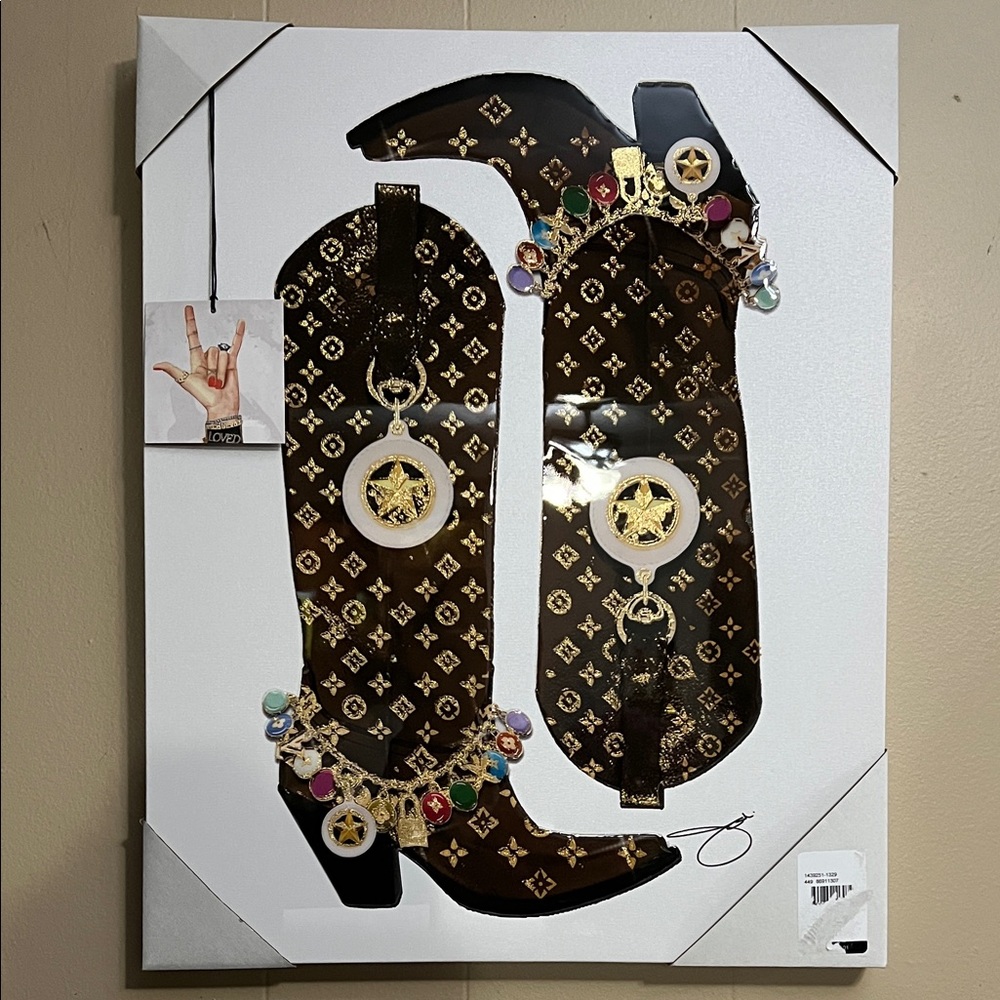 Decorative Cowboy Boot Wall Art with Gold and Black Accents